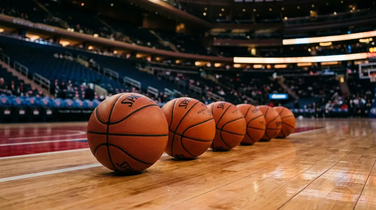 Multiple NBA basketballs lined up on a polished hardwood court with arena seating visible in the background