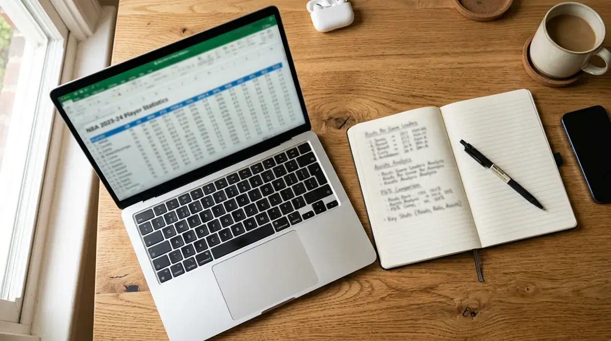 Notebook and pen on a desk next to a laptop displaying a basketball statistics spreadsheet