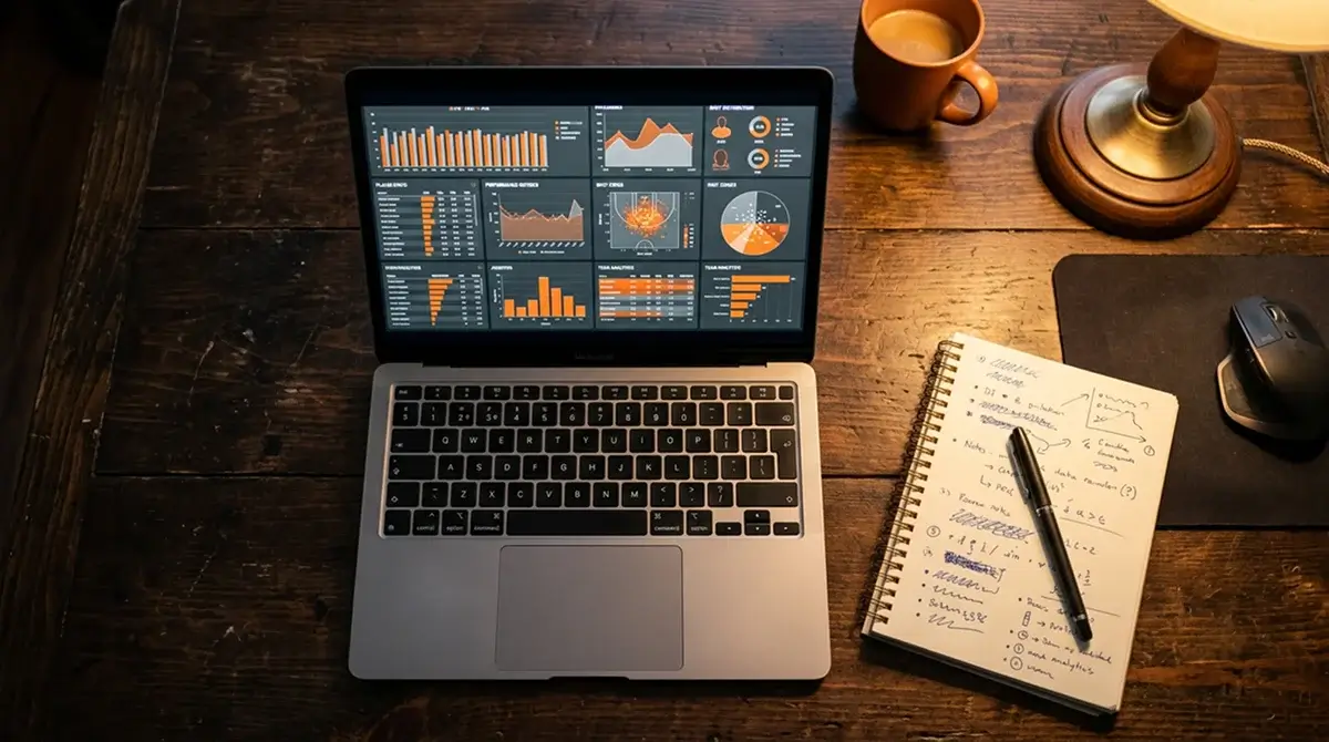 Laptop displaying basketball player statistics and shooting charts with a notebook of handwritten notes beside it