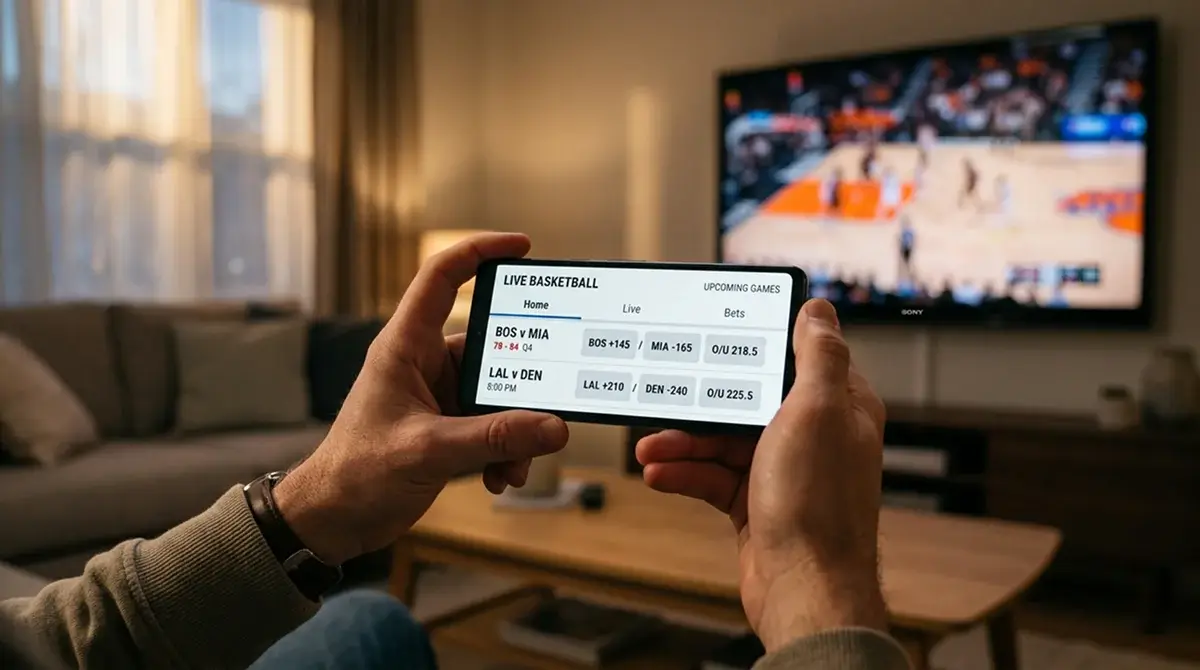 Close-up of a smartphone displaying basketball betting markets with point spread and totals selections