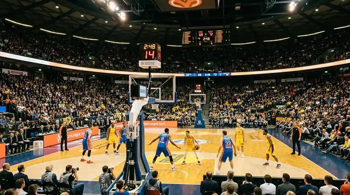 EuroLeague basketball game in a European indoor arena with players on a hardwood court under bright floodlights