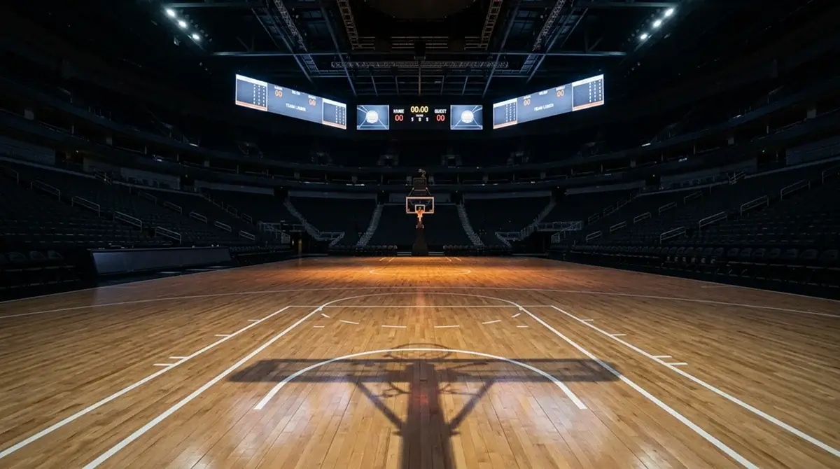 Professional basketball court under arena lights with polished hardwood floor and scoreboards glowing in the background