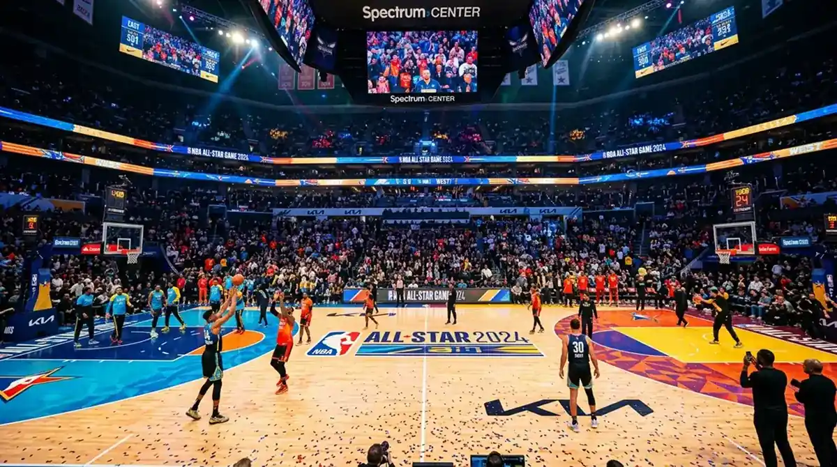 Colourful NBA All-Star Game court with a unique painted design and players warming up under arena lights