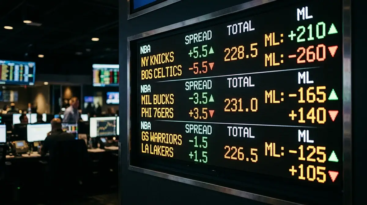 Basketball odds board showing line movement arrows contrasting public betting percentages with actual line direction